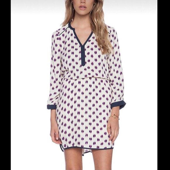 LA Made Resolve Brand Purple Cream Ikat Print V Neck Dress Medium New - Picture 1 of 10